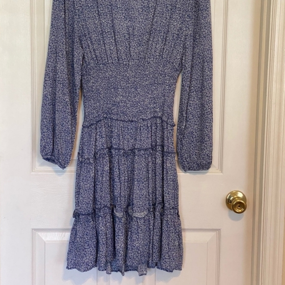 Blue White Floral Fit Flare Dress Mini Cinched Waist Garden Party Preppy Work XL - Picture 4 of 6